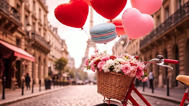 A charming vintage red bicycle adorned with a wicker basket full of beautiful pink and white roses floats under heart-shaped balloons on a Parisian street.
