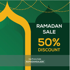 Minimalist green and yellow graphic announces a fifty percent discount for a seasonal Ramadan sale promotion with usage instructions.