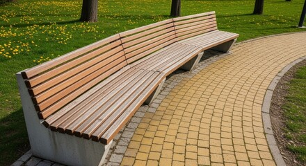 Curved modern wooden park bench along paved walkway in green spring park