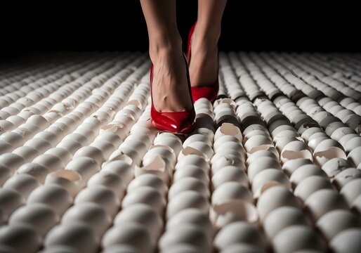 Elegant woman in shiny red high heels carefully walking on a surface of broken eggshells.