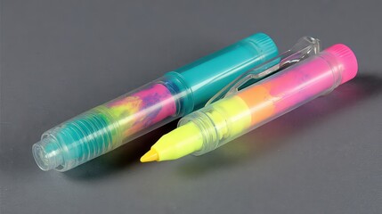 Two Colorful Highlighters with Clear Caps on Gray Background, One Aqua and One Pink Highlighter with Yellow Tip