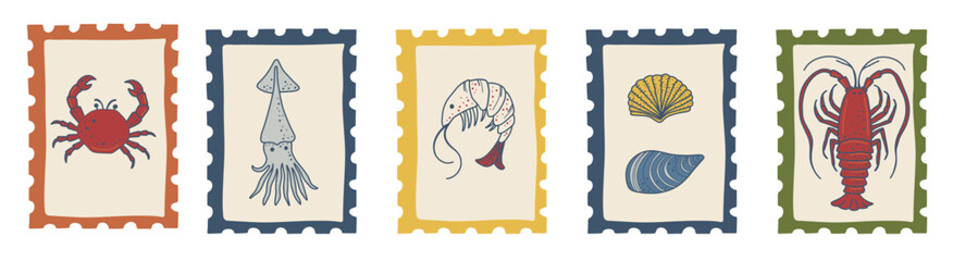 Retro postage stamp designs with seafood motifs in a clean illustrative style. Ideal for coastal branding, travel themes and decorative layouts. © Elena