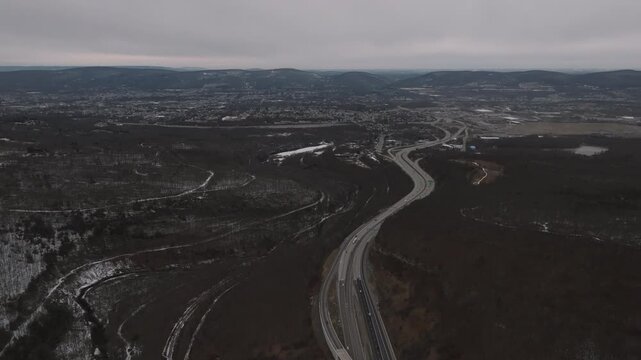 Aerial view of a highway entering Scranton, Pennsylvania