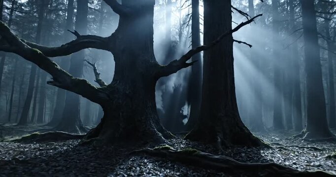 Mysterious foggy forest landscape scene.