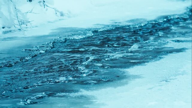 The flow of fresh icy water in a mountain river erodes the ice in winter. Water and ice are harmoniously combined. The surrounding nature relaxes and gives a feeling of peace.