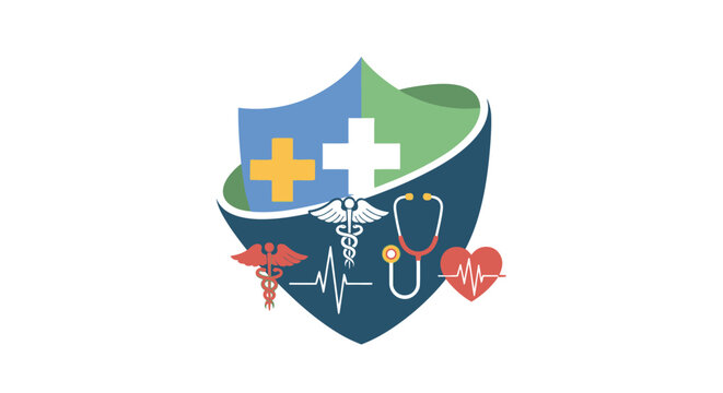 Medical shield logo with healthcare symbols and crosses on blue green background