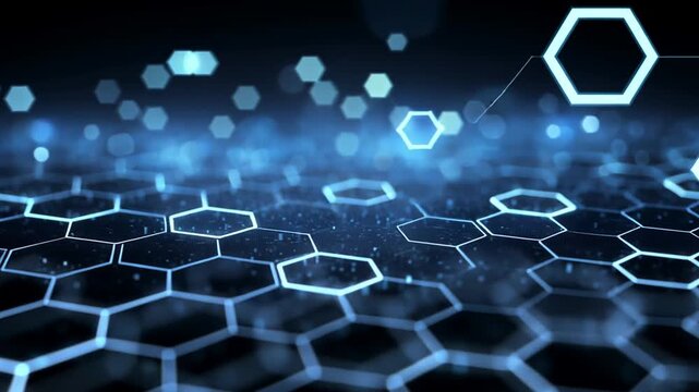 Glowing blue hexagonal grid shines brightly in a dark futuristic technological environment.