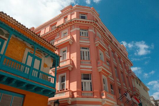 Havana, Cuba 2024 Apr15. Low angle perspective view of Hotel Ambos Mundos at Calle Obispo, a popular tourist destination. The 20th-century style architecture building was once home to Ernest Hemingway