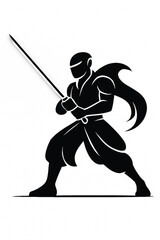 Fototapeta premium The agile nimble killer breaks through the ranks of the bandits, inflicting fatal blows, dodging arrows. Against the backdrop of a dense forest. 2d illustration.