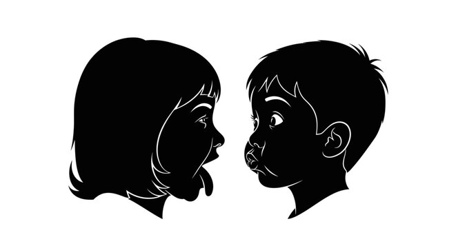 Silhouette illustration of two children, a girl and a boy, facing each other.