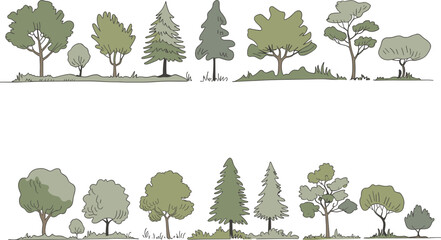 Collection of hand-drawn cartoon style trees with simple green foliage and brown trunks on a white background © MdMoktar