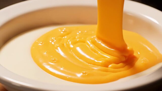 Seamless loop of glistening hot melted queso cheese slowly pouring and flowing across a surface of creamy white sauce inside a pristine ceramic serving bowl preparation, cheesy, comfort