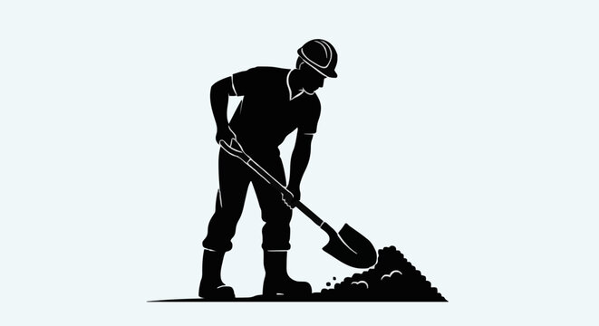Construction worker digging with shovel silhouette.
