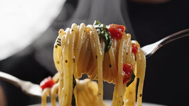 Seamless loop of glistening spaghetti strands slowly rotating on a fork with specks of basil and tomato under continuous studio softbox lighting spaghetti, italianfood, strands
