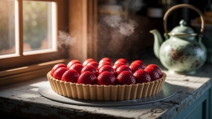 Strawberry Tart on Rustic Kitchen Table in Natural Light