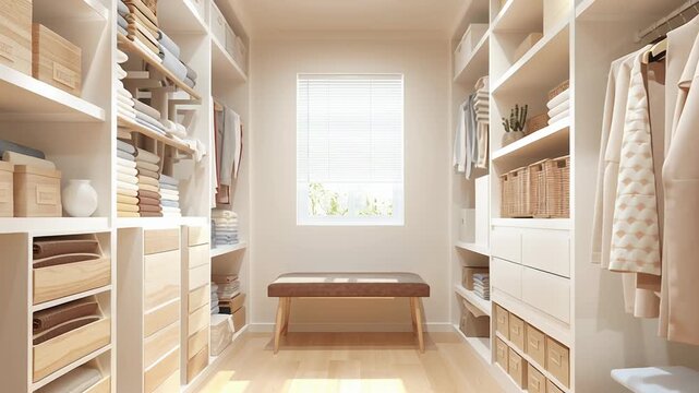Bright and organized interior storage room with a systematic layout, emphasis on clarity and efficiency, balanced composition, fresh neutral palette, realistic daylight illumination, editorial 