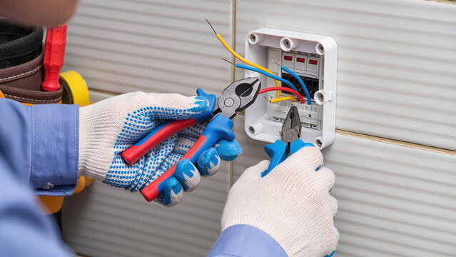 electrician working with electrical wires, Industrial service, Organized wiring, Electrician is fixing the panel, Person handles the electrical parts, Electrician performs a panel repair, 