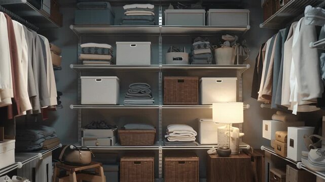 Cinematic home organization scene in a storage room, thoughtful use of space and order, clean lines and symmetry, soft directional lighting, realistic cinematic detail, high-end editorial artwork 