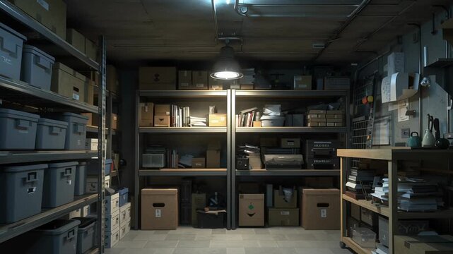 Cinematic interior view of a basement storage room at home, strong sense of order and utility, clean lines and subtle shadows, controlled low-light conditions, realistic cinematic detail, high-end 