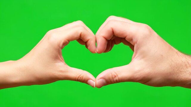 Two hands forming a heart shape against a vibrant green backdrop
