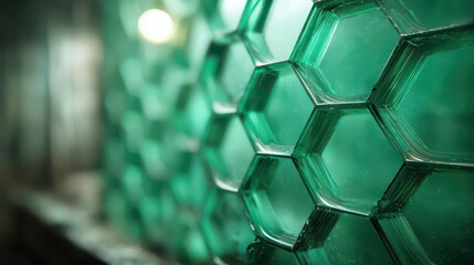 Close Up of a Green Hexagonal Glass Panel Design with Blurred Background in Soft Lighting