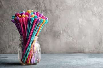 Colorful Drinking Straws in Glass Jar on Mottled Gray Surface Beverage Preparation Still Life Vibrant Assortment in Natural Light Studio Shot