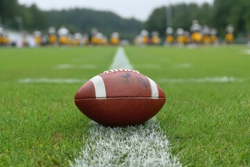 Close Up of Orange and White Football on Green Grass Field Under Overcast Sky with Blurry Players in Distance on Practice Field