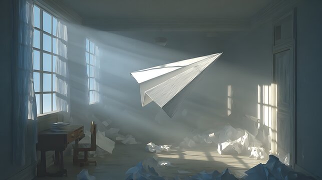 Paper Airplane Flying Through Sunlit Room.
