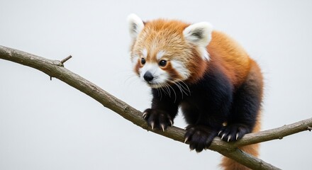 ふわふわの赤茶色の美しい毛並みと愛らしい表情が際立つレッサーパンダが柔らかな自然光に照らされ細い木の枝の上を慎重に進むその視線は明るくぼやけた背景で強調された心温まる瞬間を捉える. AI Generated