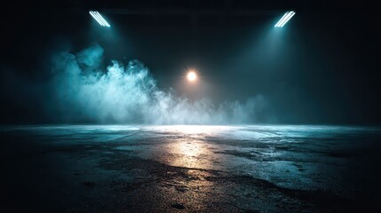 Eerie Wet Ground with Dramatic Lighting and Fog in a Dark Place Scene with a Dim Circular Light and Two Lamps with Glowing Lamps