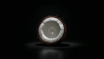 黒背景のスポット光で際立つ半割りココナッツの高級感ある写真