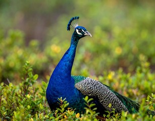 Obraz premium A vibrant blue peacock standing amidst lush greenery