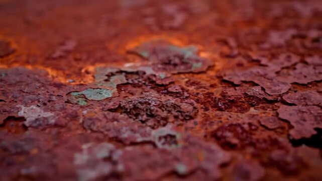 Abstract Rust Patina A top-down or slight angle shot focusing on a unique, artistic pattern formed by deep oxidation, emphasizing the abstract qualities of decay and the rich color palette of the
