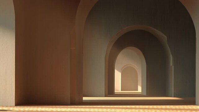 A man is sitting in a long, narrow room with arched doorways. Islamic sacred interior concept, minimal mosque prayer room, simple architectural lines, serene lighting, modern clean editorial style