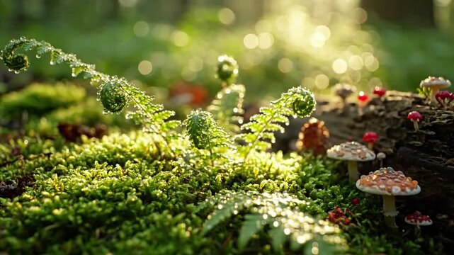Vibrant Green Ecosystem Emphasizing the rich, diverse greens of the forest's micro-environment, bathed in natural, ethereal top light.