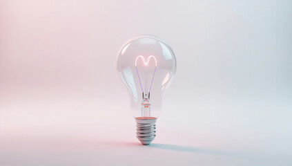 白い背景でハート形フィラメントが優しく輝く発想の電球