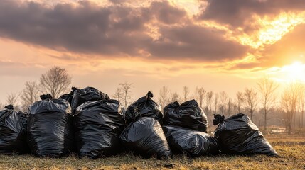 Pile of Black Trash Bags in Field Under Dramatic Cloudy Sunset Sky with Golden Sunlight and Bare Trees in Background Environmental Waste Management Concept