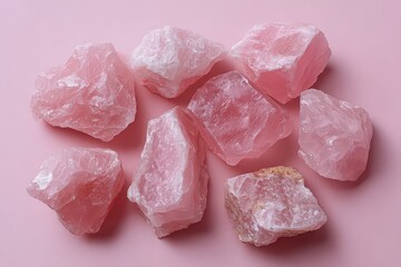 Pile of Sparkling Pink Rose Quartz Crystals on a Pale Pink Background with Soft Lighting for Healing and Decoration