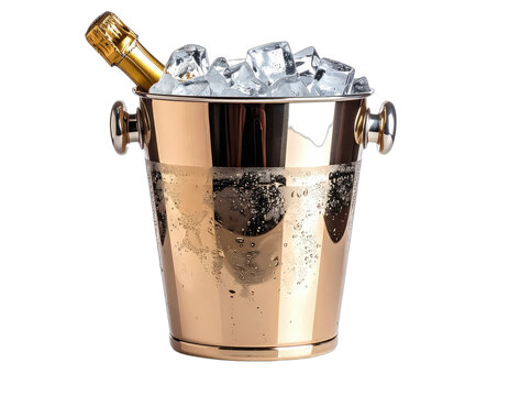 A gleaming copper champagne bucket overflows with ice, a bottle partially submerged