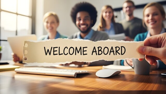 Hand holding a torn paper message saying welcome aboard to happy diverse team members during a meeting