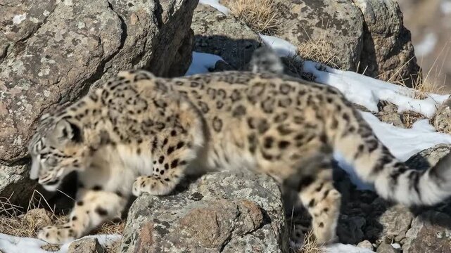 The image shows two snow leopards sitting among the rocks. They are fluffy, with thick fur, and have a spotted pattern that helps them blend in with their surroundings. One of the snow leopards is tur