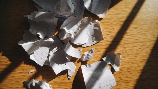 Torn notebook paper scattered on desk