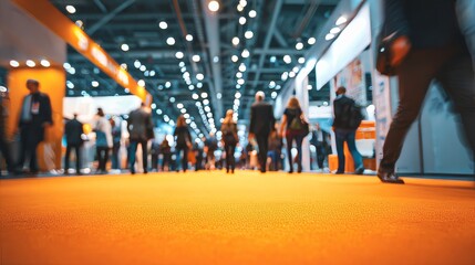 Obraz premium Colorful blurred busy trade show hall with orange carpet, people walking and networking in large exhibition center, business fair environment, international marketing and professional networking event