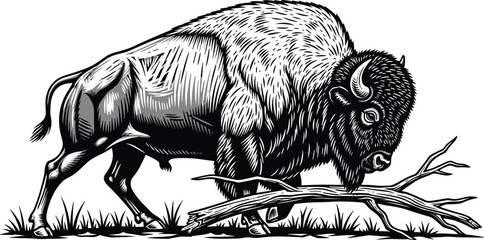 Detailed American bison illustration in black and white, powerful buffalo wildlife engraving style artwork for nature branding, western design, logo, poster use © LITON WORLD
