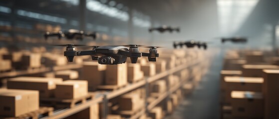 Obraz premium Drones Flying Over Cardboard Boxes in Large Warehouse Space