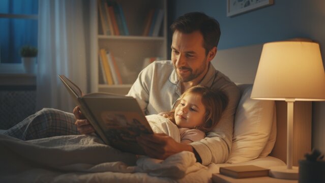 Loving father reading a bedtime story to his cozy young daughter in bed under a warm lamp at night.