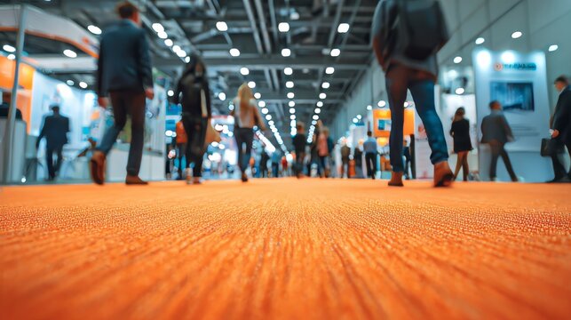 Colorful blurred busy trade show hall with orange carpet, people walking and networking in large exhibition center, business fair environment, international marketing and professional networking event