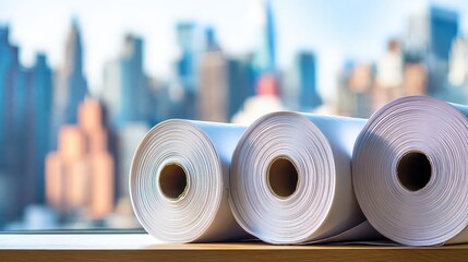 Rolls of White Paper with Geometric Patterns on Brown Surface in Front of Blurred Cityscape Sunny Day with Natural Light Business and Creativity Concept