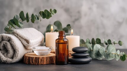 Spa Still Life with Brown Bottle White Towel Black Stones and Candles with Gray Marble Background