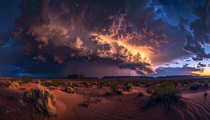 A desert landscape with a dramatic cloudy sky